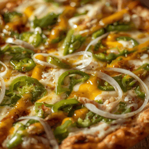 Pizza-topped-with-green-peppers-jalapenos-white-onion-and-a-mango-chutney-drizzle-2